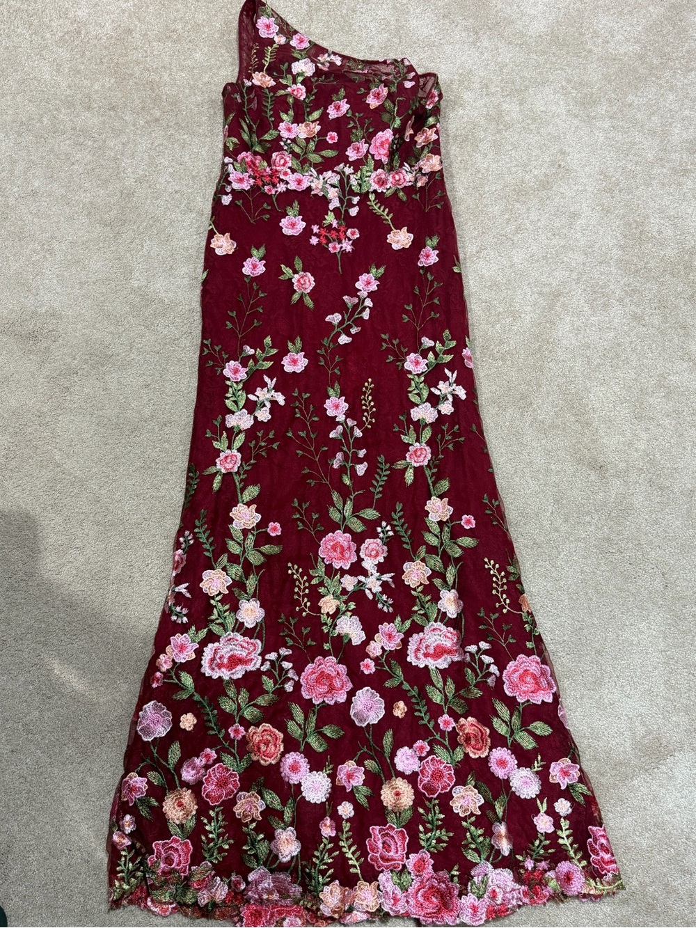 Mac Duggal Embroidered One-Shoulder Floral Maxi Dress - Burgundy FLAW